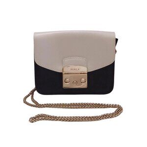 Auth FURLA Metropolis - Black Cream Leather Shoulder Bag